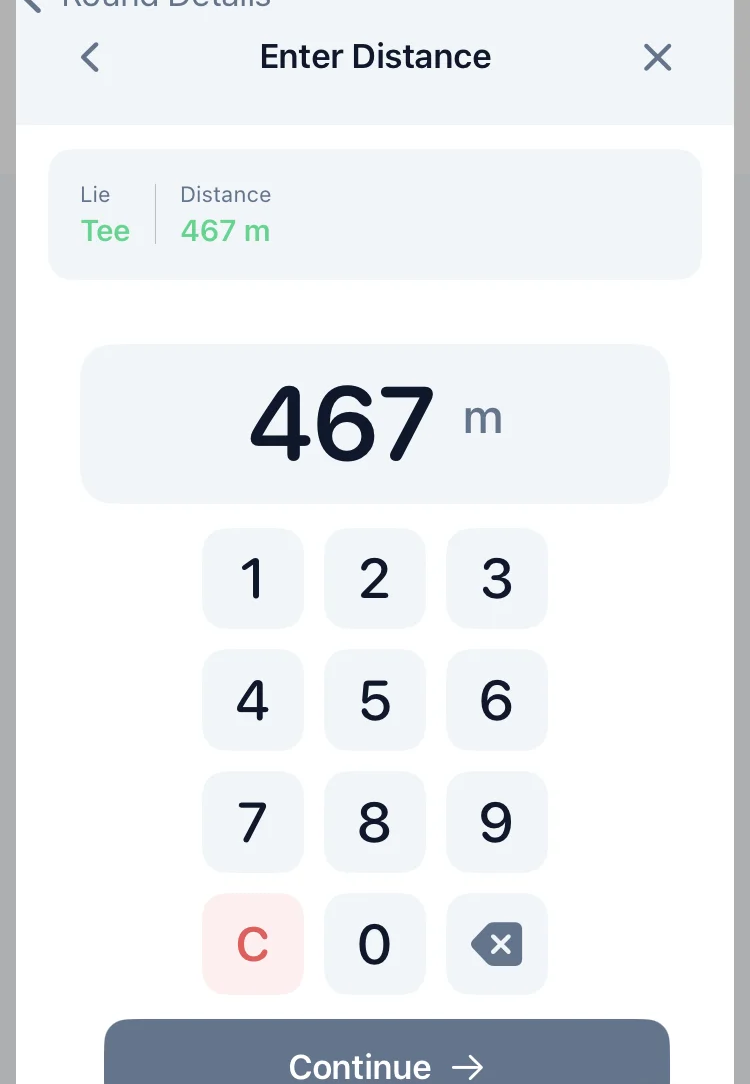 Golf statistics app shot tracking interface showing distance entry and club selection for accurate golf performance data